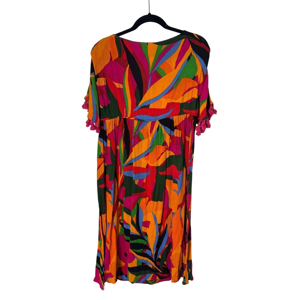 True Destinations Tropical Abstract Print Tassel Midi Dress Medium - Picture 2 of 9